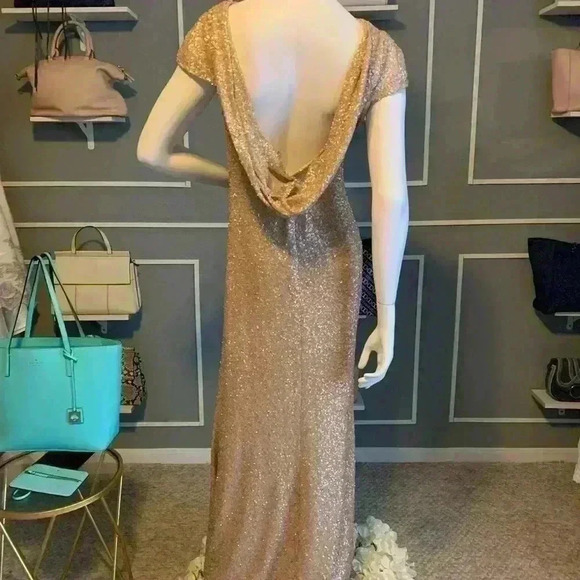 Sorella Vita Cowl Back Sequin Gown Drape Back Gold Cap Sleeve Maxi Dress Sz: 16 - Picture 9 of 15